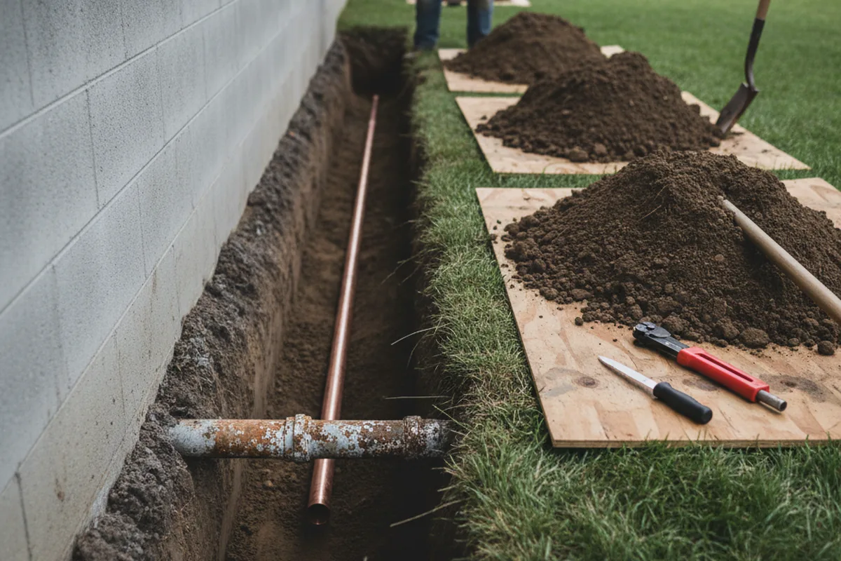 Excavated water line trench during Water Heater Repair in Rialto